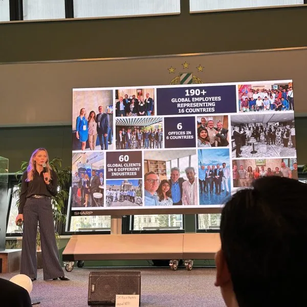 Natallia Hunik presents at the OMV’s project kickoff event in Vienna, Austria